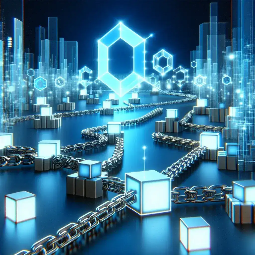 "Imagen que ilustra el futuro de las certificaciones de cadena de suministro basadas en blockchain, mostrando diagramas de tecnología blockchain y elementos relacionados con la logística y la transparencia en la cadena de suministro."