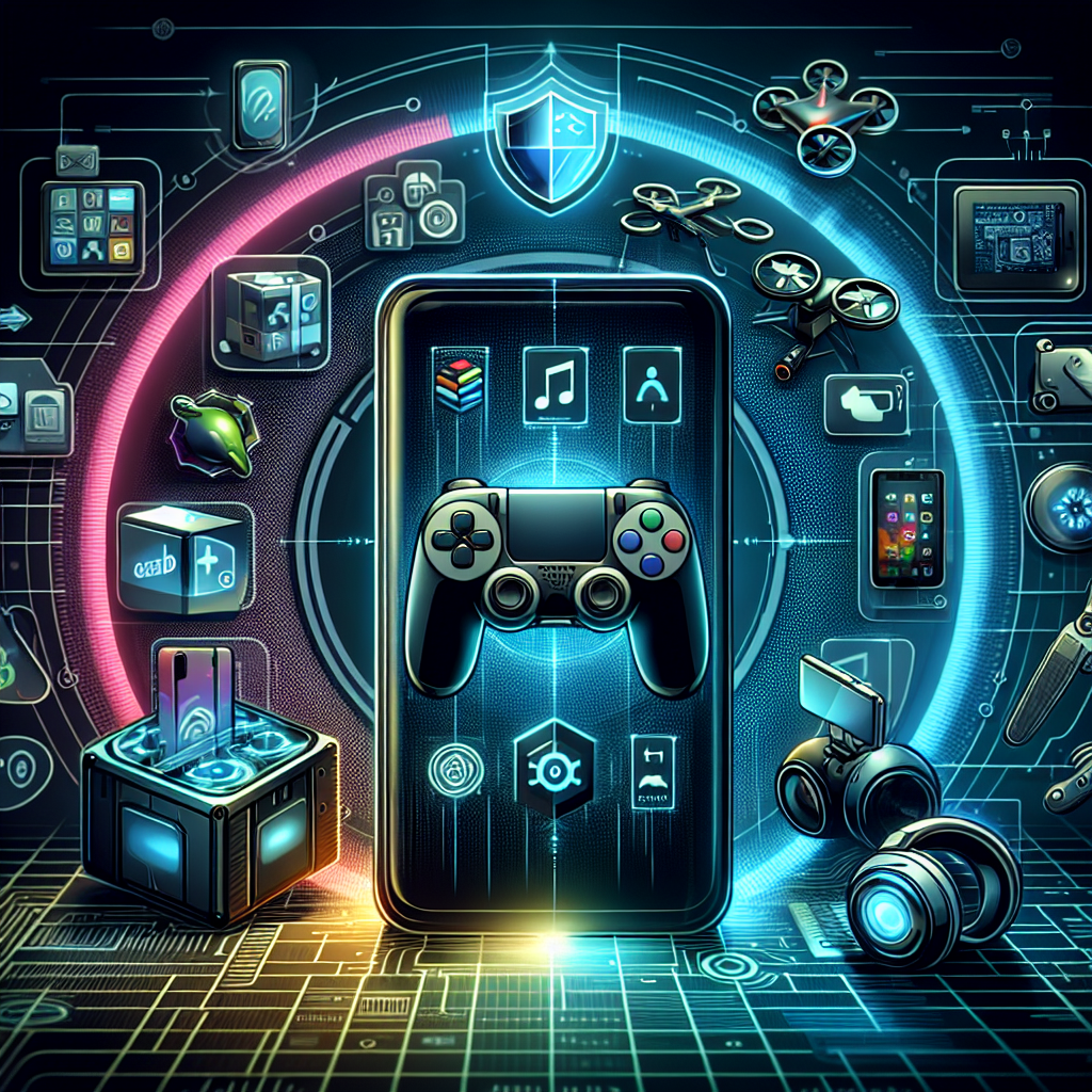 "Imagen de los últimos lanzamientos tecnológicos en videojuegos, aplicaciones y dispositivos innovadores, destacando nuevos controles, pantallas interactivas y software revolucionario."